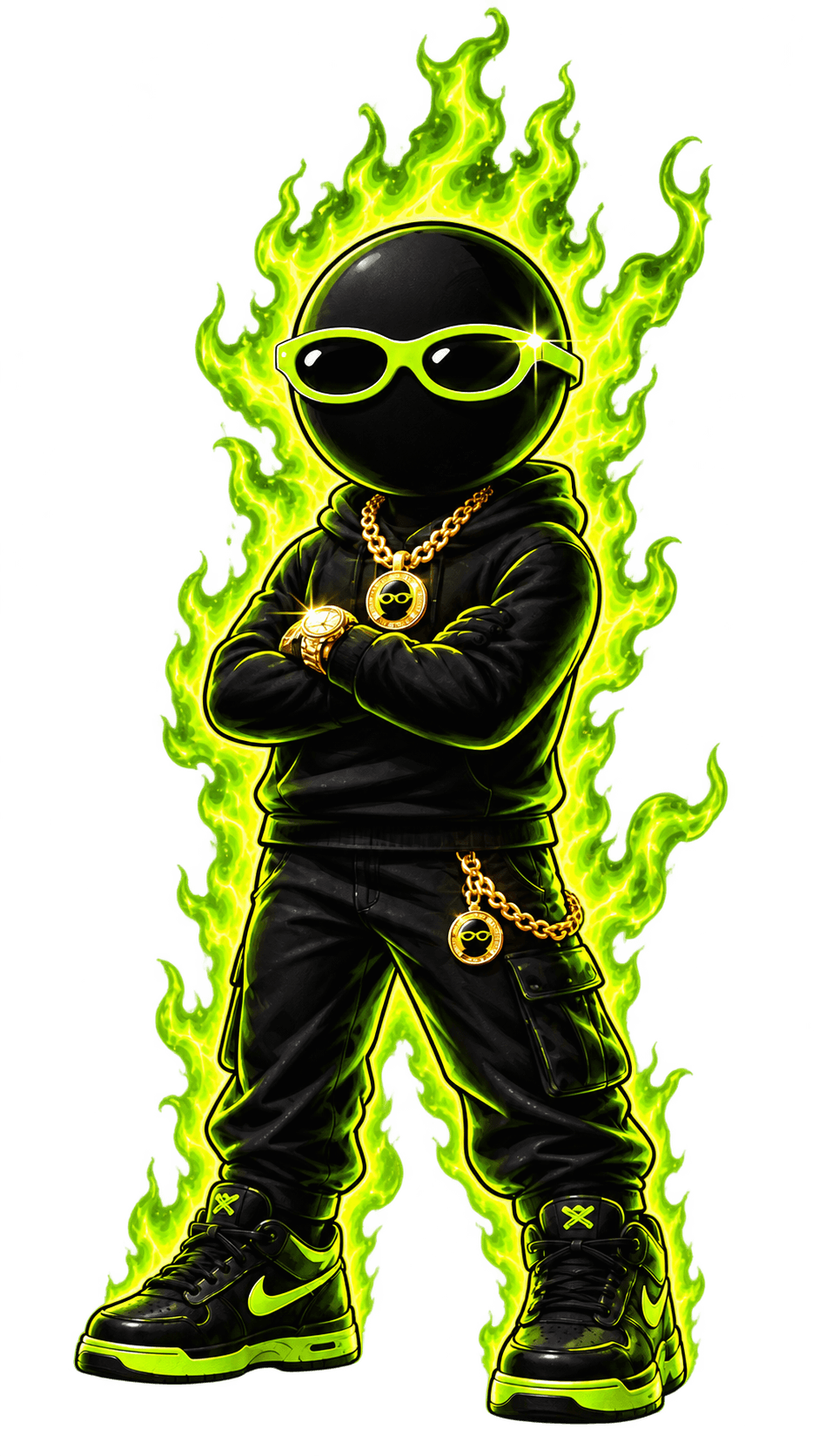 The Aura Farming Coin character: a black-headed figure in green flames, arms crossed, wearing acid-green sunglasses and gold $AURA jewellery.